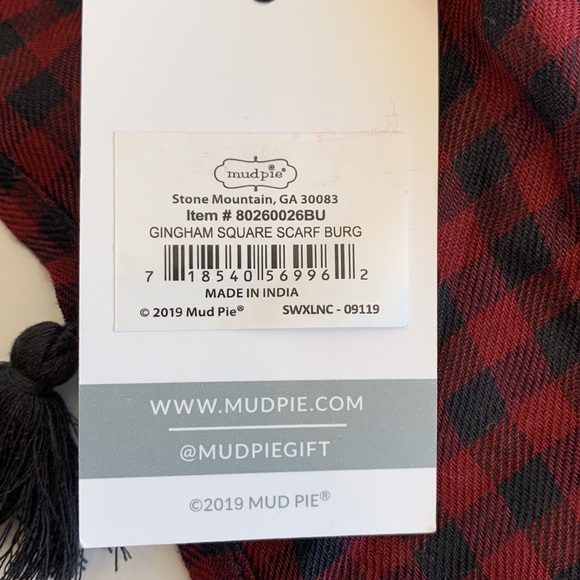 Mud Pie Gingham Square 100% Viscose Scarf, Burgundy & Black, 50” x50”, NWT - Picture 4 of 9